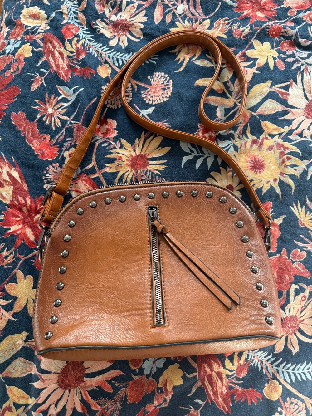 Studded Tan Crossbody Bag with Front Zip Tassel